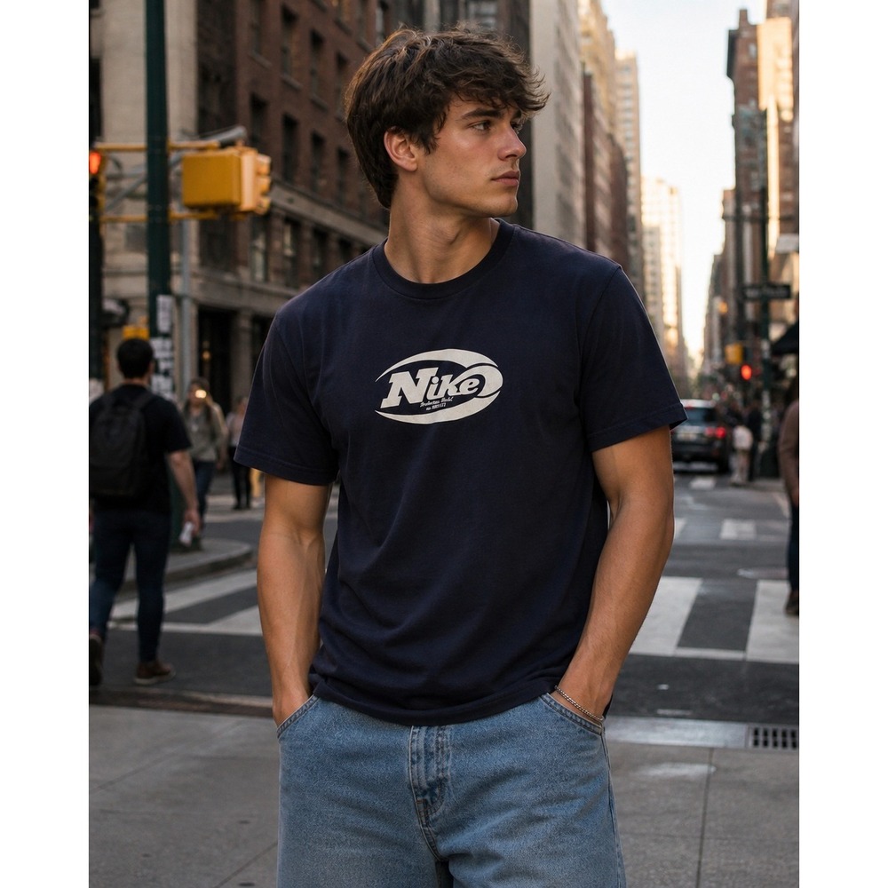 Nike Production Model Graphic T-Shirt Mens Large Navy Blue Vintage 00691971 Tee